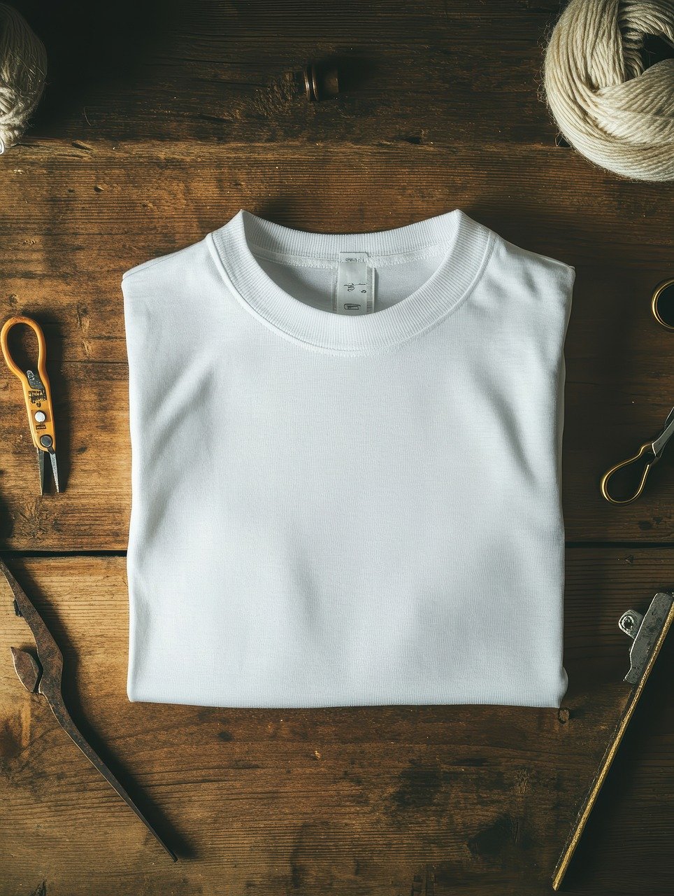 t-shirt, white t-shirt, t-shirt mockup, mockup, clothing, fashion, design, print on demand, merch, print template, t shirt template, casual, folding technique, wooden surface, atelier, craft, textile, material, creativity